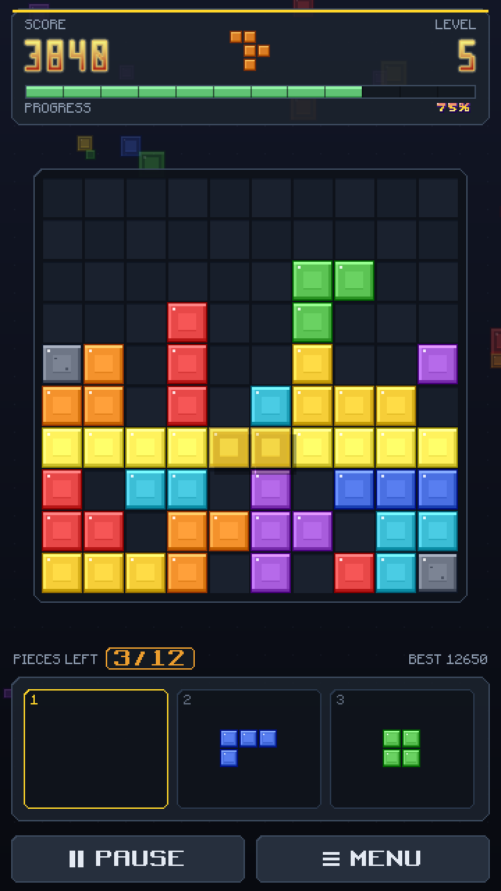 Grid Drop gameplay: a piece being dragged onto the board, with the row it would complete highlighted