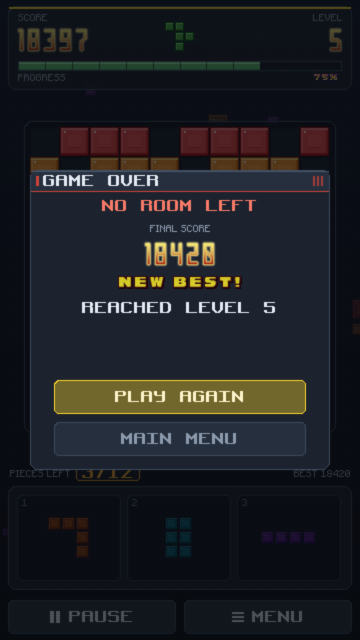 Game over dialog: no room left, final score and new best