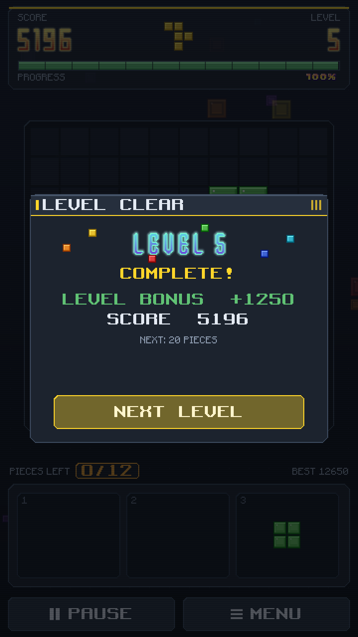 Level 5 complete dialog with the level bonus and the next quota