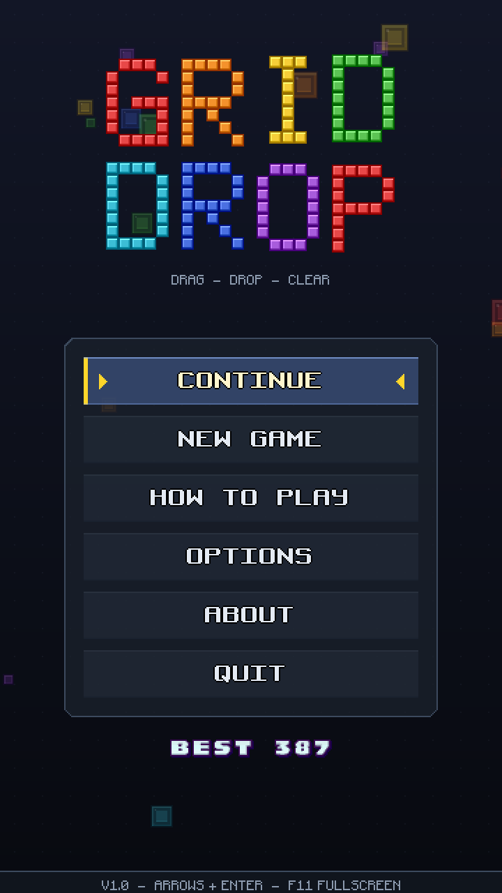 Grid Drop main menu with the block logo and Continue, New Game, How to Play, Options, About and Quit