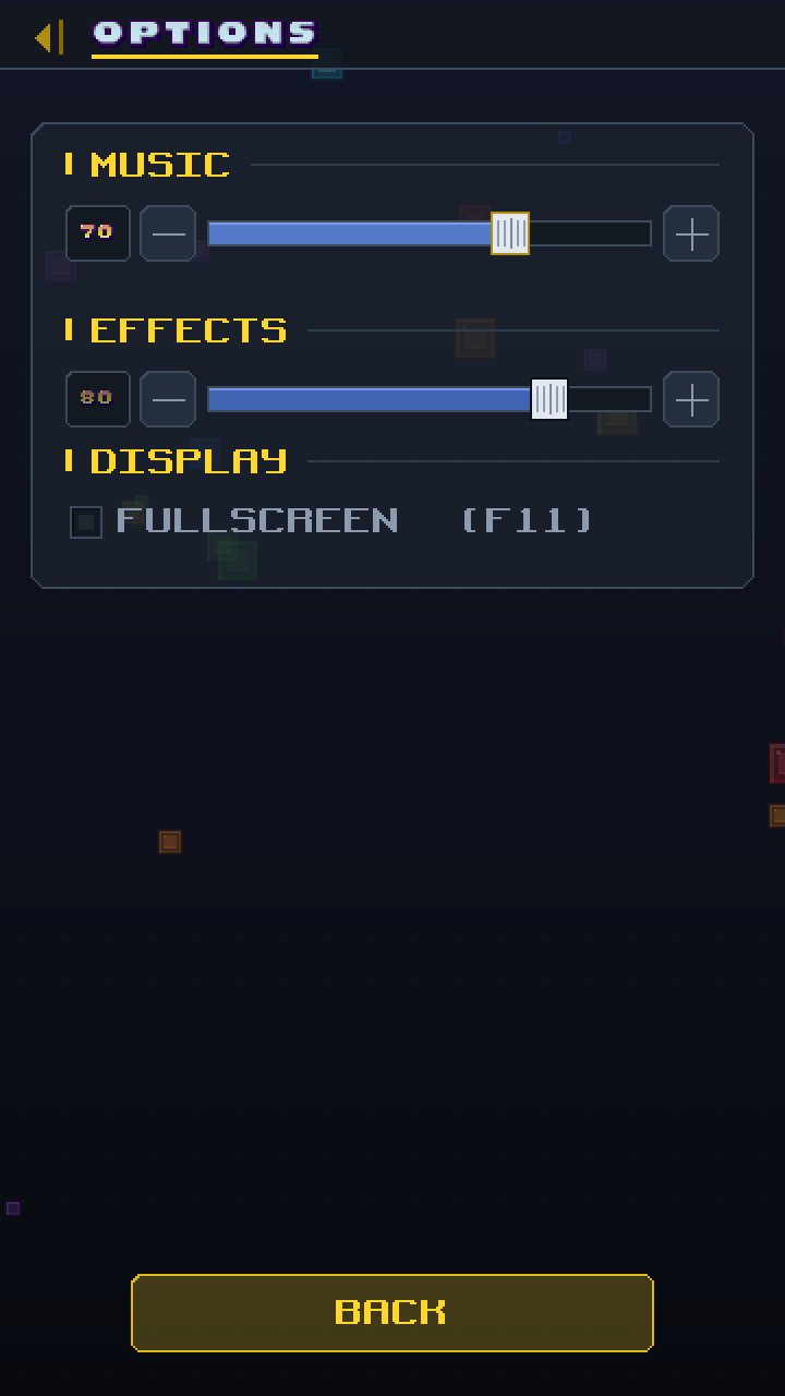 Options screen with music and effects volume sliders