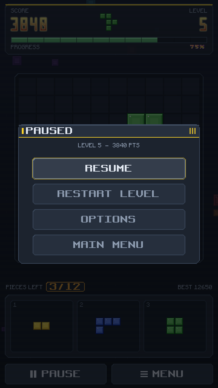 Pause dialog with resume, restart level, options and main menu