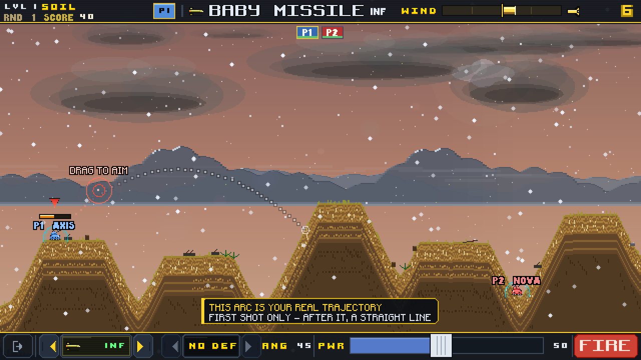 Battle — Live HUD, trajectory guide, destructible heightmap terrain