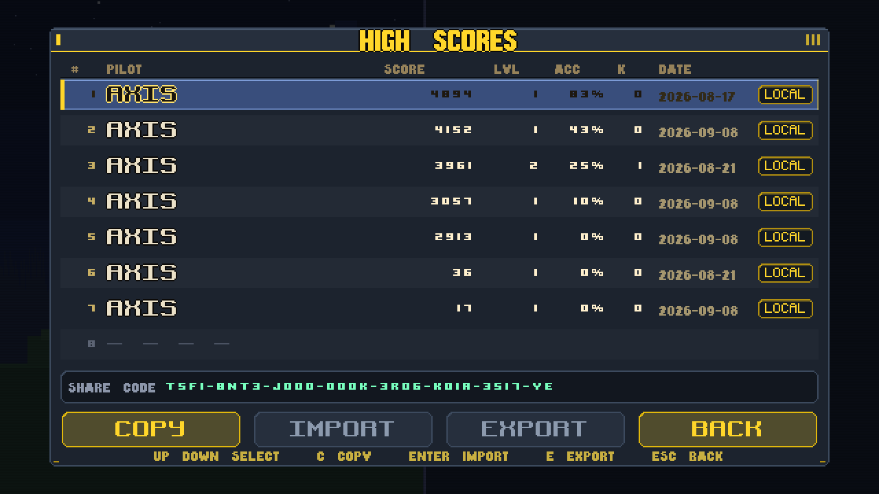 High Scores — Local table and rivals — share codes typed in on an on-screen keypad