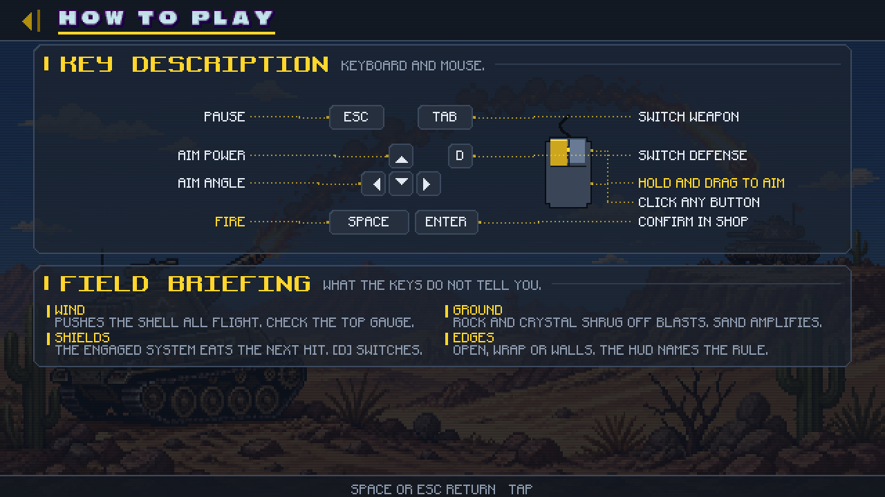 How To Play — Keyboard and mouse on a labelled diagram, plus a field briefing on wind, ground and shields