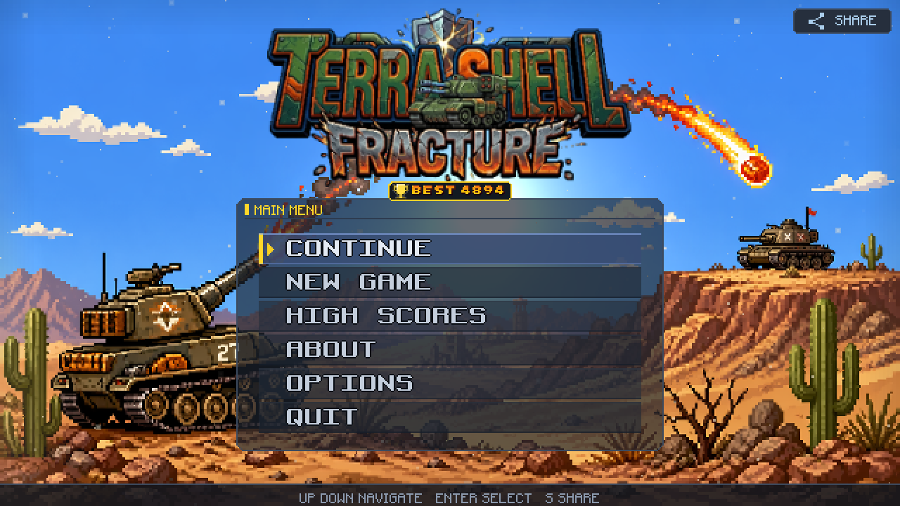 Main Menu — Procedural pixel-art title scene, rendered entirely in-engine