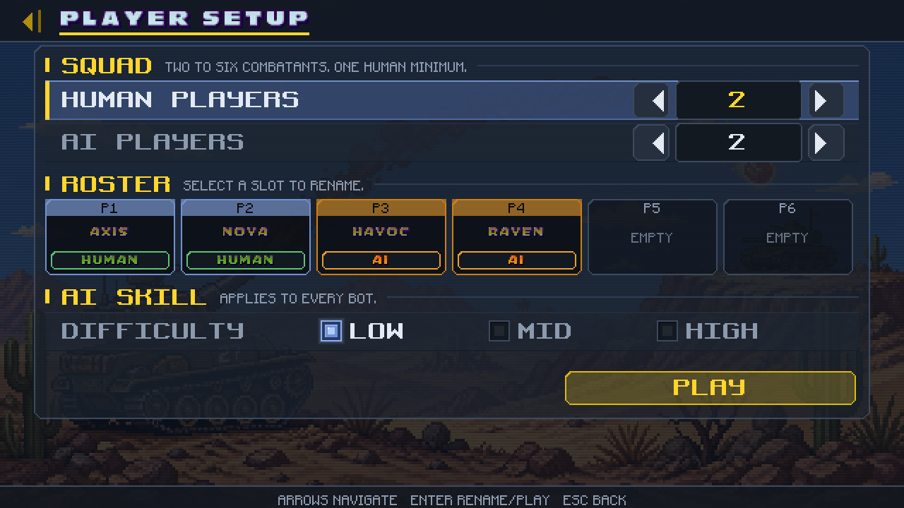 Player Setup — Two to six tanks, local multiplayer — humans or AI